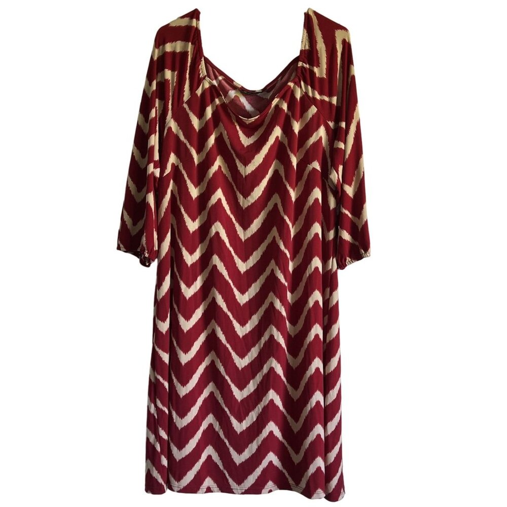 INC Woman 2X Red & Beige Chevron Dress 3/4 Sleeve Flowy Plus Size Artsy